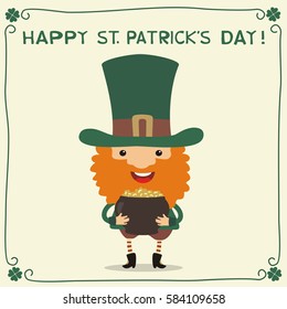 Happy Saint Patrick's Day! Funny leprechaun with pot of gold. National Irish holiday.