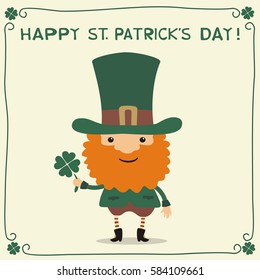 Happy Saint Patrick's Day! Funny leprechaun with trefoil. National Irish holiday.