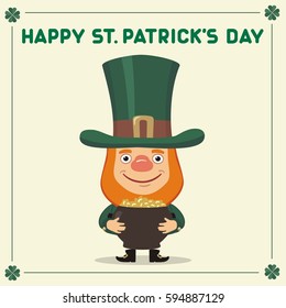 Happy Saint Patrick's Day! Funny leprechaun with pot of gold. National Irish holiday.