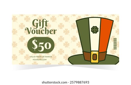 Happy Saint Patricks day gift voucher card, retro coupon design, certificate, ticket template, discount, sale banner. Vector illustration for lifestyle, shopping, fashion