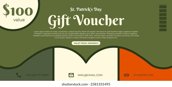 Happy Saint Patricks day gift voucher card, green coupon design, certificate, ticket template, discount, sale banner. Vector illustration for lifestyle, shopping, events