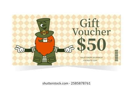 Happy Saint Patricks day gift voucher card, retro coupon promotion, certificate, ticket template, discount, sale banner. Vector illustration with funky groovy character