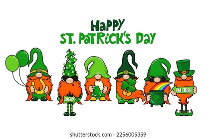 Happy saint Patrick's Day gnomes with green beer. Nordic magic dwarf. Cute holidays Elf with lucky charms. Vector illustration for Parick's Day. Irish Leprechaun set.