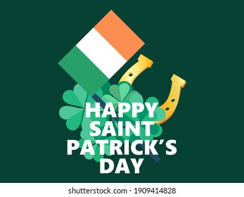 Happy Saint Patrick's Day. Gold horseshoe and Irish flag with clover. Background for advertising products, postcards and printing. Vector illustration