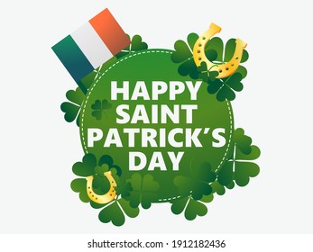 Happy Saint Patrick's Day. Gold horseshoe and Irish flag with clover. Background for advertising products, postcards and printing. Vector illustration
