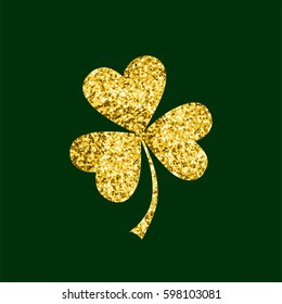 Happy saint Patrick's day. Gold Shamrock clover with glitter on green  background. Vector illustration 