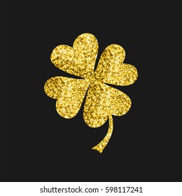 Happy saint Patrick's day. Gold four leaf clover with glitter on black background. Vector illustration 