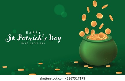 Happy Saint Patrick's Day Graphic Template with Clover Leaf Vector Illustration. A pot of Gold Coin