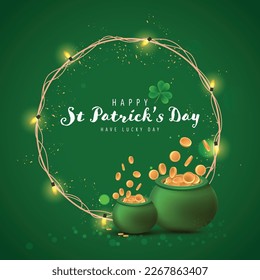 Happy Saint Patrick's Day Graphic Template with Clover Leaf Vector Illustration. A pot of Gold Coin