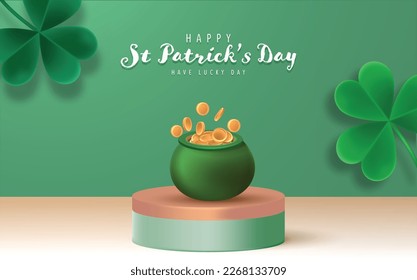 Happy Saint Patrick's Day Graphic Template with Clover Leaf Vector Illustration. A pot of Gold Coin