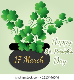Happy saint patrick's day, great design for any purposes. Decoration element. Invitation background. Vector banner. clover bouquet, black vase with shamrock, and congratulations on St. Patrick's Day
