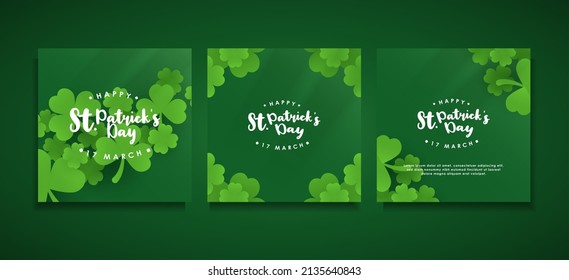 happy saint patricks day with green gradient clovers social media post. green clovers with shadow overlays saint patricks day. 