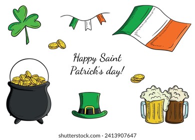 Feliz día de San Patrón. El trébol verde deja la bandera de Irlanda, caldero con monedas doradas, tazas de cerveza, sombrero de elfo verde aislado en blanco. Dibujo vectorial dibujado a mano en doodle grabado