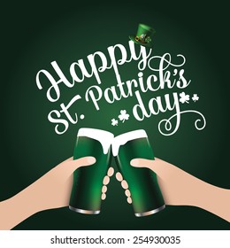 Happy Saint Patricks Day green beer toasting hands EPS 10 vector royalty free stock illustration for greeting card, ad, promotion, poster, flier, blog, article, signage, party, invitation, parade