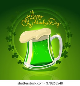 Happy Saint Patricks Day, green beer on background, vector illustration, shamrocks circle