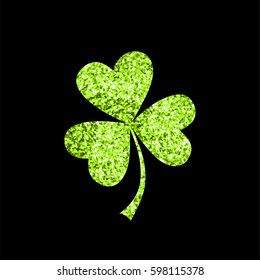 Happy saint Patrick's day. Green Shamrock clover with glitter on black background. Vector illustration  
