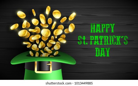 Happy Saint Patrick's Day greeting card design, Feast of Saint Patrick celebration, 17 March greeting card with leprechaun hat and gold coins on wooden background,  vector illustration 