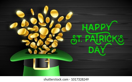 Happy Saint Patrick's Day greeting card design, Feast of Saint Patrick celebration, 17 March greeting card with leprechaun hat and gold coins on wooden background,  vector illustration 