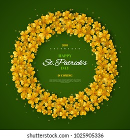 Happy Saint Patrick's day greeting poster with golden glitter clover leaves in circle frame. Vector illustration. Place for text