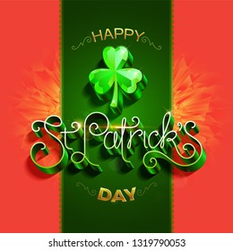 Happy saint Patricks day greeting poster with 3d metallic lettering text. Vector illustration