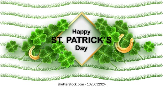 Happy Saint Patrick's Day greeting banner with realistic Clover leaves and Gold Horseshoe luck icon. Horizontal holidays poster. Lucky Irish pattern texture. Scottish ornament. Vector illustration