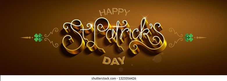 Happy saint Patricks day greeting poster with 3d metallic lettering text. Vector illustration