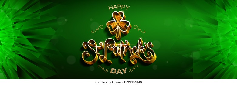 Happy saint Patricks day greeting poster with 3d metallic lettering text. Vector illustration