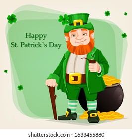 Happy Saint Patrick's day greeting card. Leprechaun cartoon character with smoking pipe stands near pot of gold. Illustration of Leprechaun. Stock vector