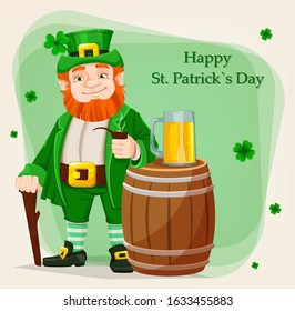 Happy Saint Patrick's day greeting card. Leprechaun cartoon character with smoking pipe stands near wooden barrel. Illustration of Leprechaun. Stock vector