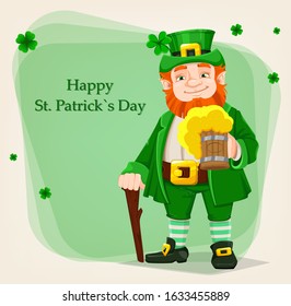 Happy Saint Patrick's day greeting card. Leprechaun cartoon character holding a pint of beer. Illustration of Leprechaun. Stock vector