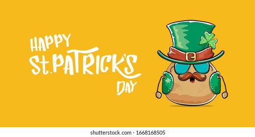 Happy saint patricks day greeting horizontal banner with funky leprechaun rock star potato character with green particks hat and text isolated on orange background. Hipster vegetable funky character