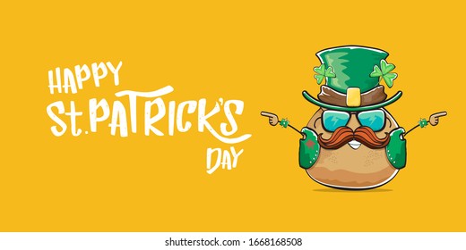 Happy saint patricks day greeting horizontal banner with funky leprechaun rock star potato character with green particks hat and text isolated on orange background. Hipster vegetable funky character