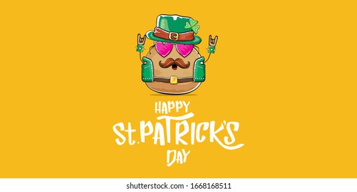 Happy saint patricks day greeting horizontal banner with funky leprechaun rock star potato character with green particks hat and text isolated on orange background. Hipster vegetable funky character