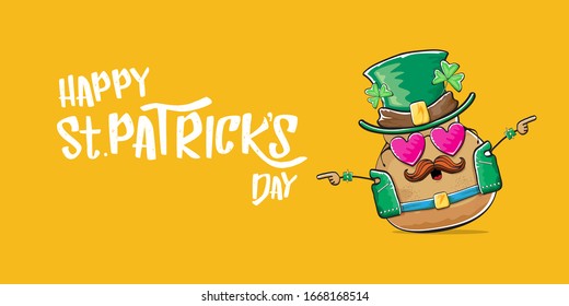 Happy saint patricks day greeting horizontal banner with funky leprechaun rock star potato character with green particks hat and text isolated on orange background. Hipster vegetable funky character