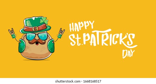 Happy saint patricks day greeting horizontal banner with funky leprechaun rock star potato character with green particks hat and text isolated on orange background. Hipster vegetable funky character