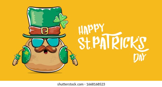 Happy saint patricks day greeting horizontal banner with funky leprechaun rock star potato character with green particks hat and text isolated on orange background. Hipster vegetable funky character