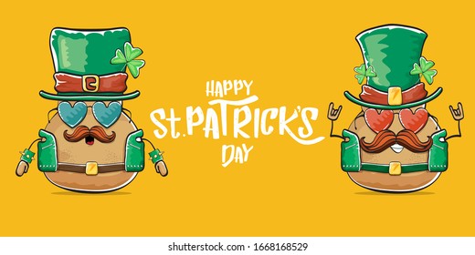 Happy saint patricks day greeting horizontal banner with funky leprechaun rock star potato character with green particks hat and text isolated on orange background. Hipster vegetable funky character