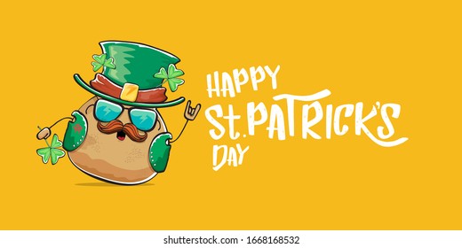 Happy saint patricks day greeting horizontal banner with funky leprechaun rock star potato character with green particks hat and text isolated on orange background. Hipster vegetable funky character