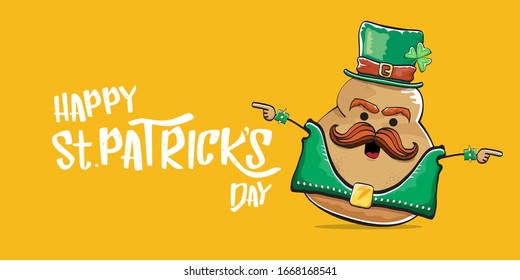 Happy saint patricks day greeting horizontal banner with funky leprechaun rock star potato character with green particks hat and text isolated on orange background. Hipster vegetable funky character