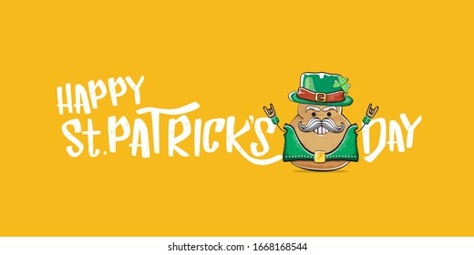 Happy saint patricks day greeting horizontal banner with funky leprechaun rock star potato character with green particks hat and text isolated on orange background. Hipster vegetable funky character
