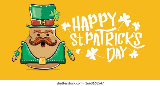 Happy saint patricks day greeting horizontal banner with funky leprechaun rock star potato character with green particks hat and text isolated on orange background. Hipster vegetable funky character
