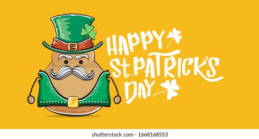 Happy saint patricks day greeting horizontal banner with funky leprechaun rock star potato character with green particks hat and text isolated on orange background. Hipster vegetable funky character