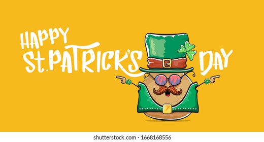 Happy saint patricks day greeting horizontal banner with funky leprechaun rock star potato character with green particks hat and text isolated on orange background. Hipster vegetable funky character