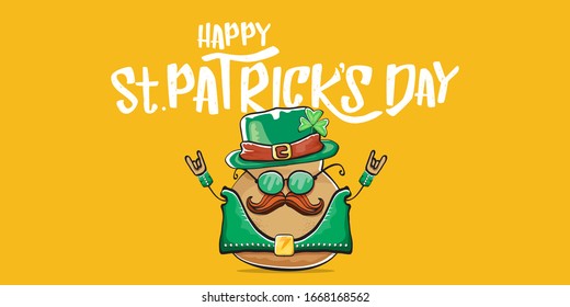 Happy saint patricks day greeting horizontal banner with funky leprechaun rock star potato character with green particks hat and text isolated on orange background. Hipster vegetable funky character