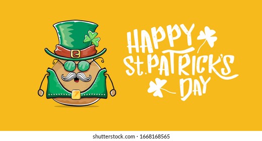 Happy saint patricks day greeting horizontal banner with funky leprechaun rock star potato character with green particks hat and text isolated on orange background. Hipster vegetable funky character