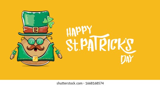 Happy saint patricks day greeting horizontal banner with funky leprechaun rock star potato character with green particks hat and text isolated on orange background. Hipster vegetable funky character