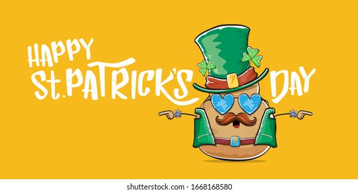 Happy saint patricks day greeting horizontal banner with funky leprechaun rock star potato character with green particks hat and text isolated on orange background. Hipster vegetable funky character