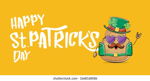 Happy saint patricks day greeting horizontal banner with funky leprechaun rock star potato character with green particks hat and text isolated on orange background. Hipster vegetable funky character