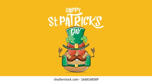 Happy saint patricks day greeting horizontal banner with funky leprechaun rock star potato character with green particks hat and text isolated on orange background. Hipster vegetable funky character