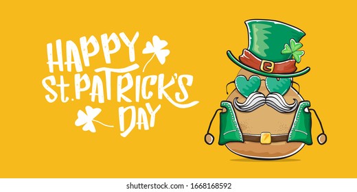Happy saint patricks day greeting horizontal banner with funky leprechaun rock star potato character with green particks hat and text isolated on orange background. Hipster vegetable funky character